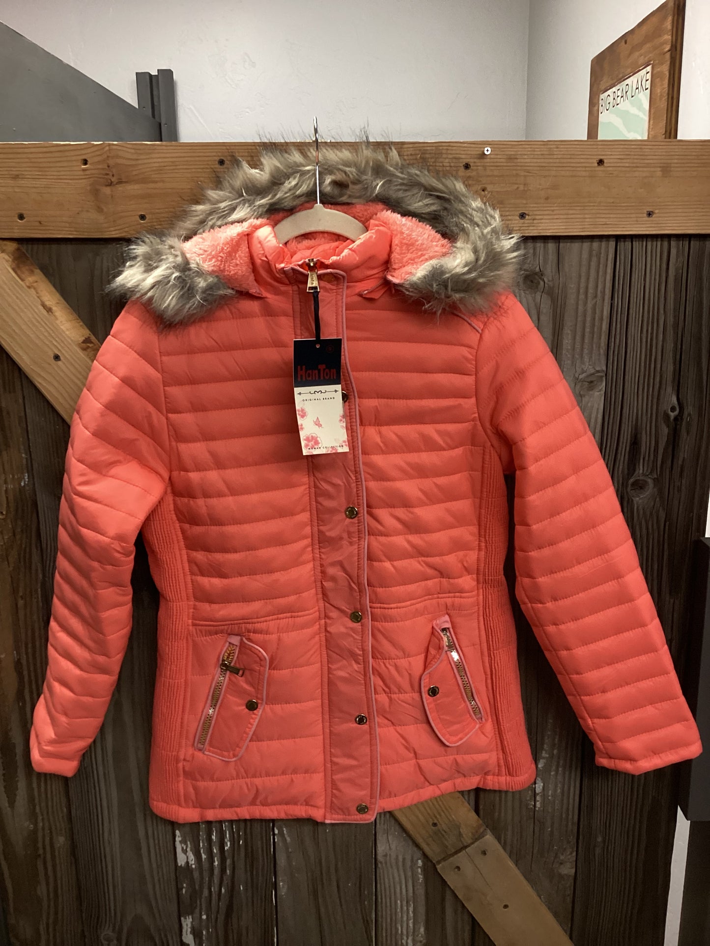 NWT Han Ton Hooded Puffer Jacket Coral Womens size Small